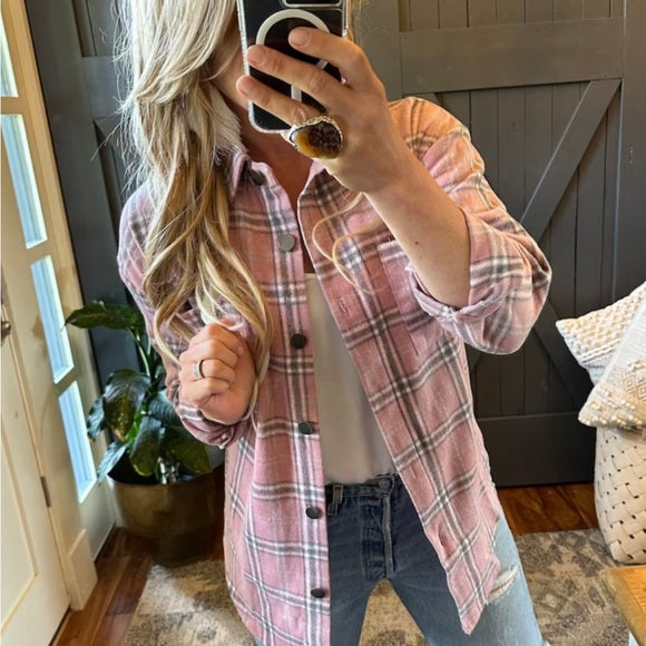 Hailey Pink Plaid Shirt Jacket Flannel Shacket - Lavender Tribe