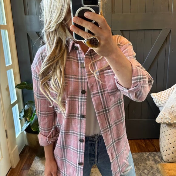Hailey Pink Plaid Shirt Jacket Flannel Shacket - Lavender Tribe