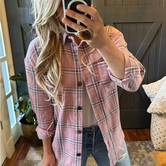 Hailey Pink Plaid Shirt Jacket Flannel Shacket - Lavender Tribe