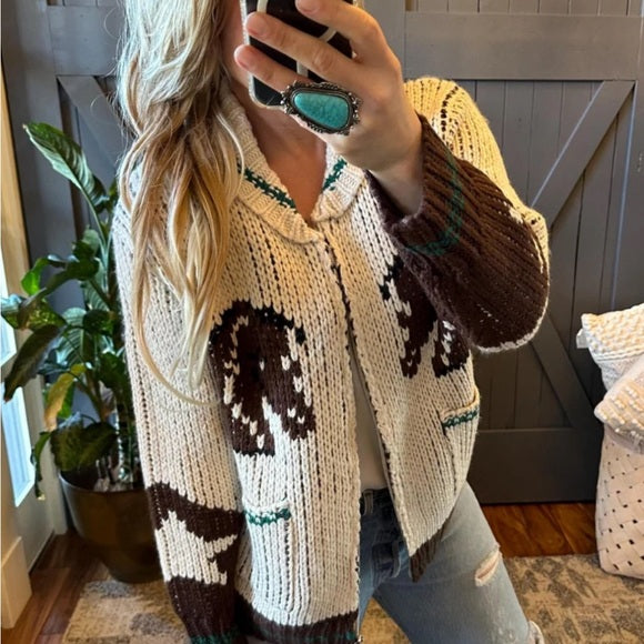 Western Cowichan Horse Knit Cardigan Sweater