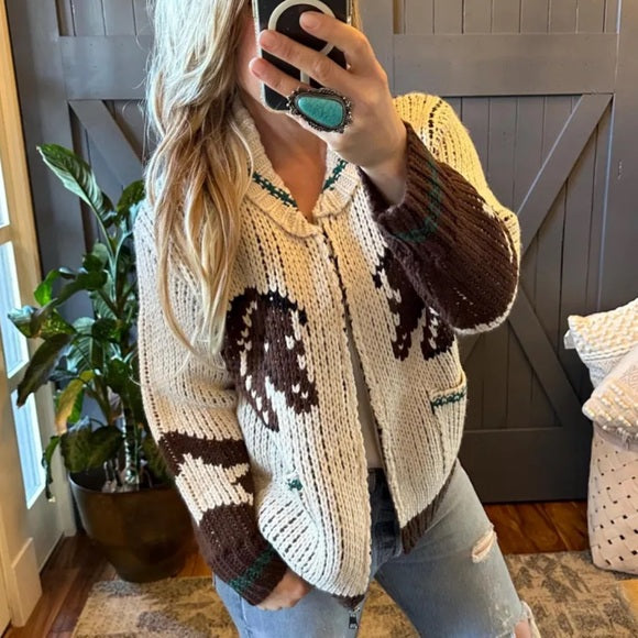 Western Cowichan Horse Knit Cardigan Sweater