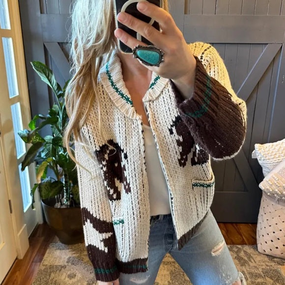 Western Cowichan Horse Knit Cardigan Sweater