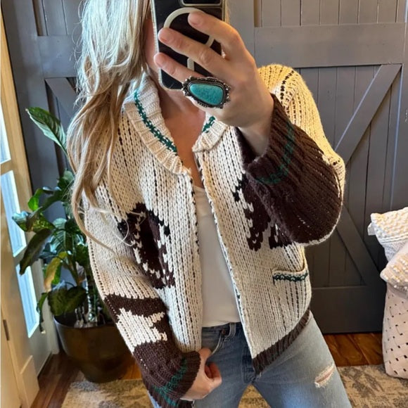 Western Cowichan Horse Knit Cardigan Sweater