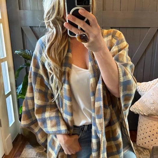 Western Plaid Cozy Blanket Cardigan Sweater