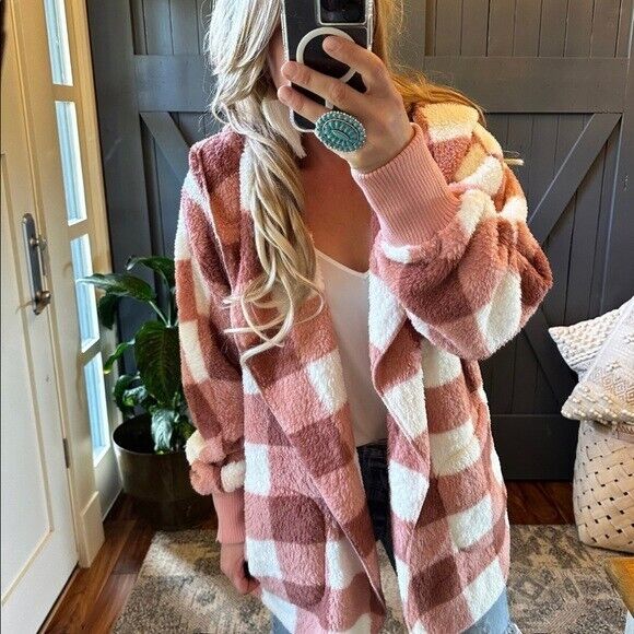 Feather Lodge Teddy Plaid Hooded Cardigan Sweater Coat