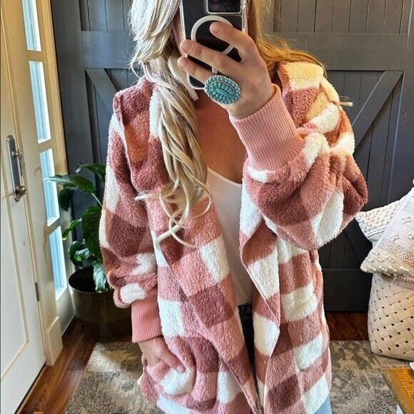 Feather Lodge Teddy Plaid Hooded Cardigan Sweater Coat