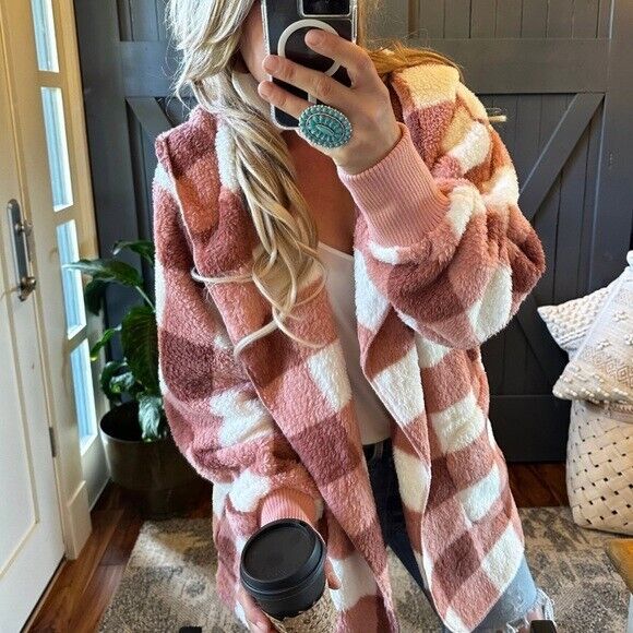 Feather Lodge Teddy Plaid Hooded Cardigan Sweater Coat
