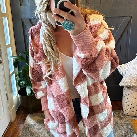 Feather Lodge Teddy Plaid Hooded Cardigan Sweater Coat