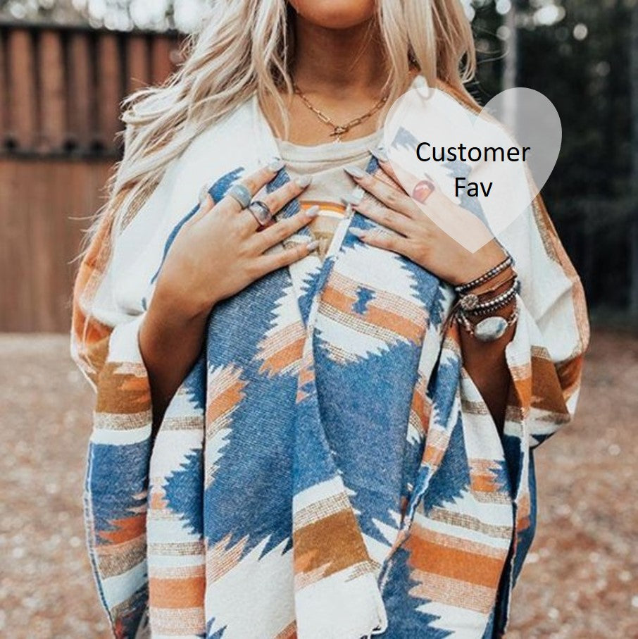 Cody Aztec Western Fringed Poncho Cardigan Sweater