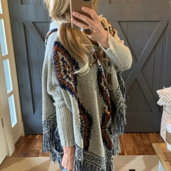 Cheyenne Grey Fringe Toggle Front Hooded Cardigan Sweater - Lavender Tribe