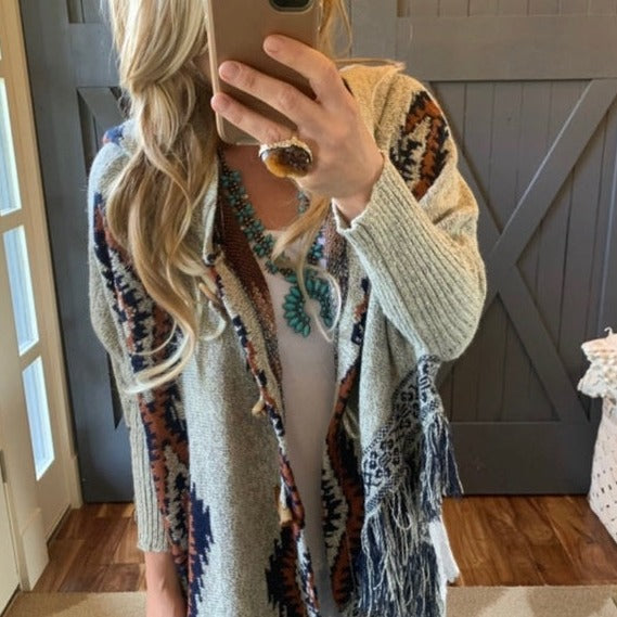 Cheyenne Grey Fringe Toggle Front Hooded Cardigan Sweater - Lavender Tribe