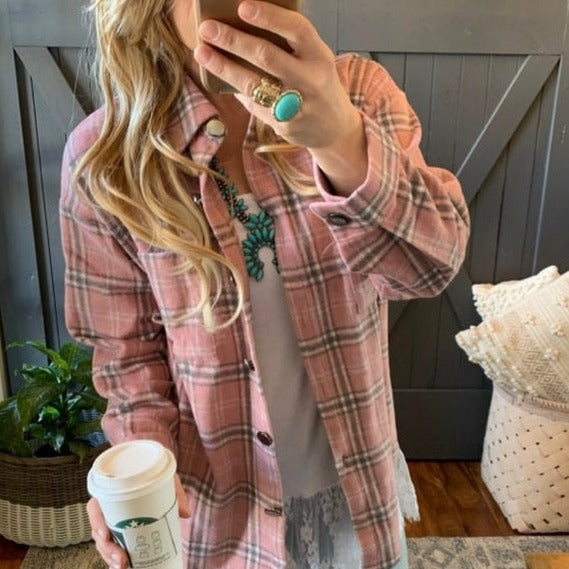 Hailey Pink Plaid Shirt Jacket Flannel Shacket - Lavender Tribe