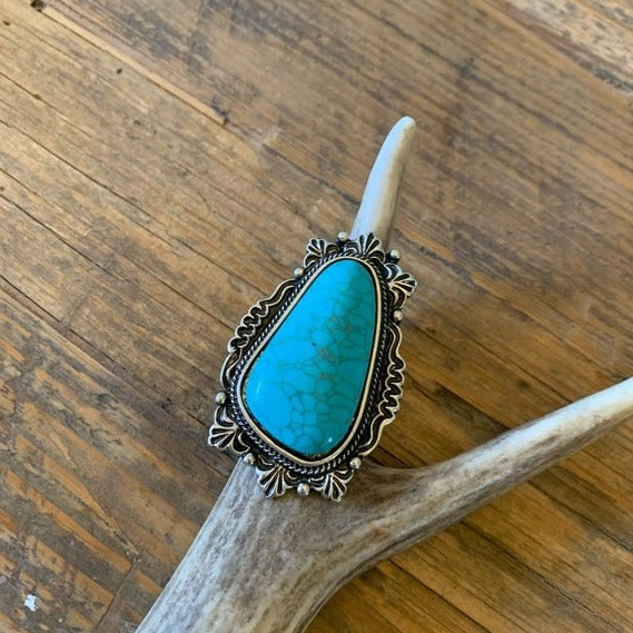 Western Turquoise Oversized Stone Silver Cuff Ring - Lavender Tribe