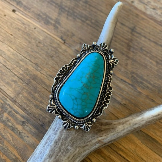 Western Turquoise Oversized Stone Silver Cuff Ring - Lavender Tribe