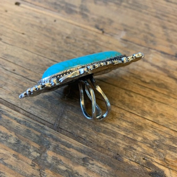 Western Turquoise Oversized Stone Silver Cuff Ring - Lavender Tribe