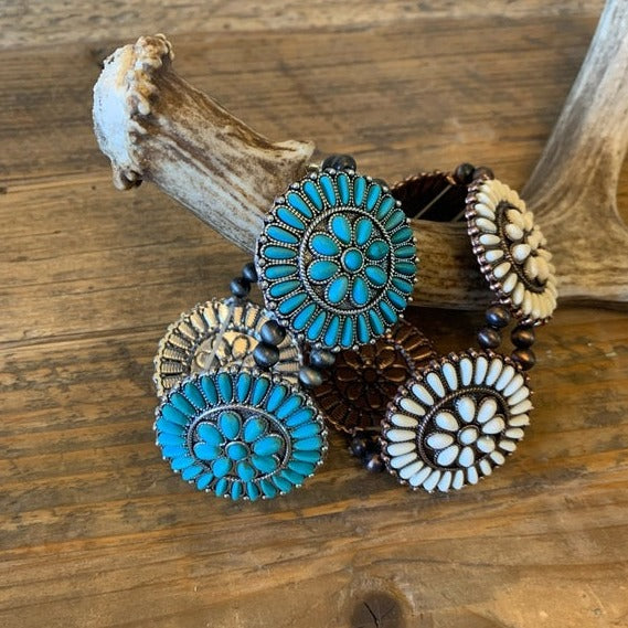 Western Turquoise & White Squash Blossom Beaded Bracelet - Lavender Tribe