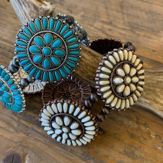 Western Turquoise & White Squash Blossom Beaded Bracelet - Lavender Tribe