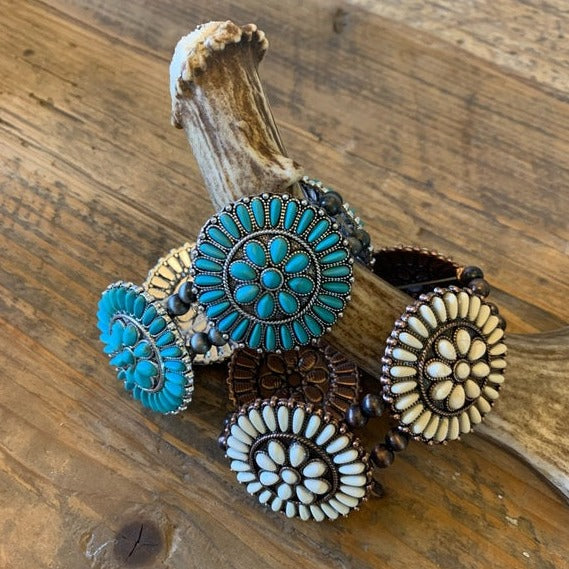 Western Turquoise & White Squash Blossom Beaded Bracelet - Lavender Tribe