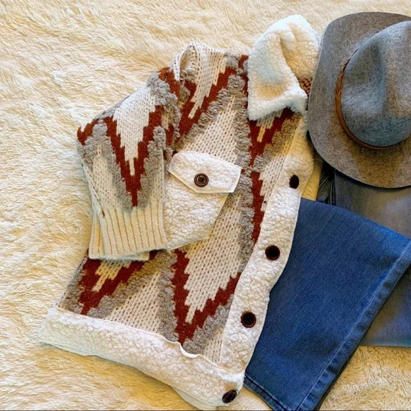 Montana Native Knit Sherpa Sweater Jacket - Lavender Tribe