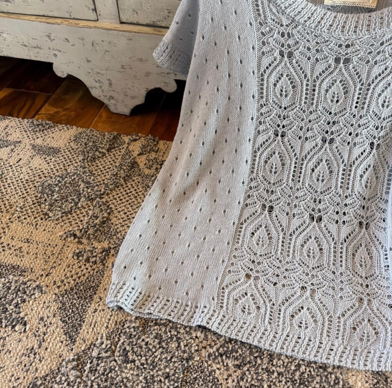 Crochet Cotton Knit Top: Lightweight Pullover Blue Sweater