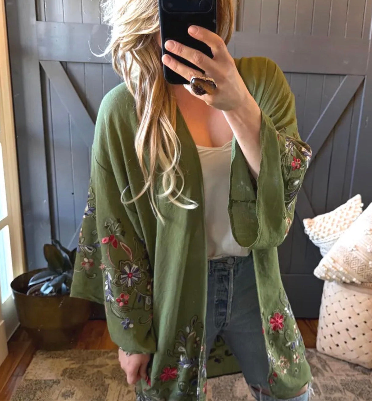 Twisp Embroidered Floral Green Cardigan Kimono - Lavender Tribe