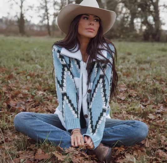 Montana Native Knit Sherpa Sweater Jacket in Blue - Lavender Tribe