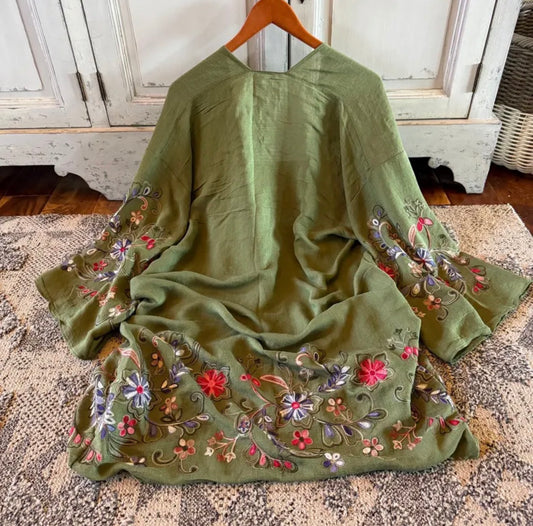 Twisp Embroidered Floral Green Cardigan Kimono - Lavender Tribe