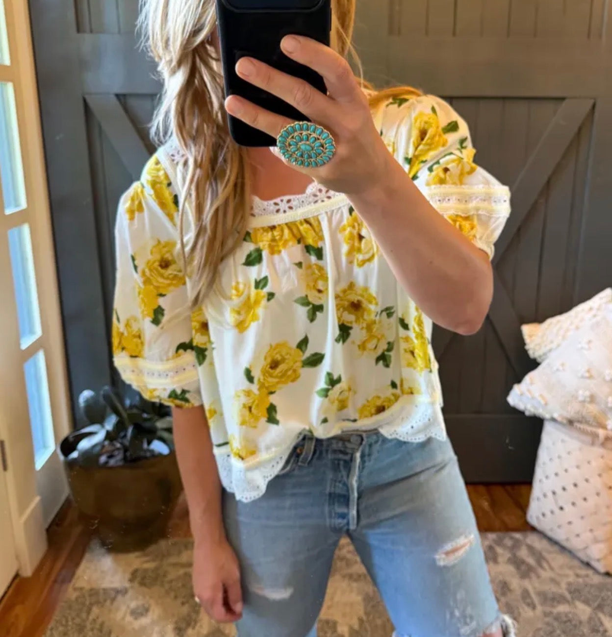 Cottage Floral Cotton Lace Blouse Hanging Studio