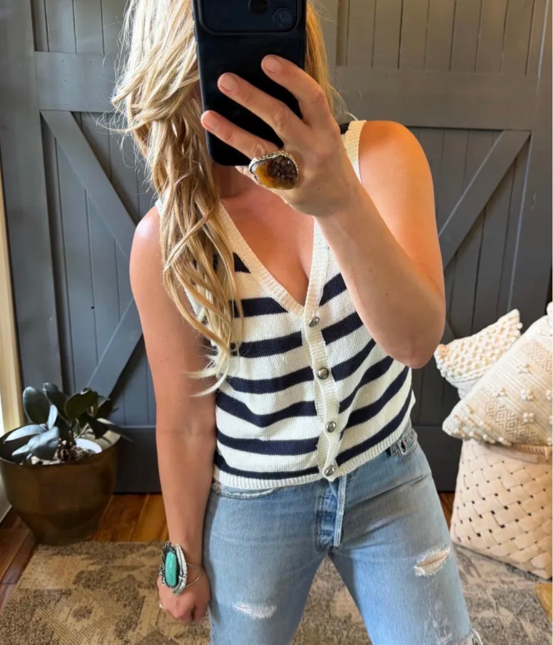 Navy & White Stripped Tank Top - Lavender Tribe