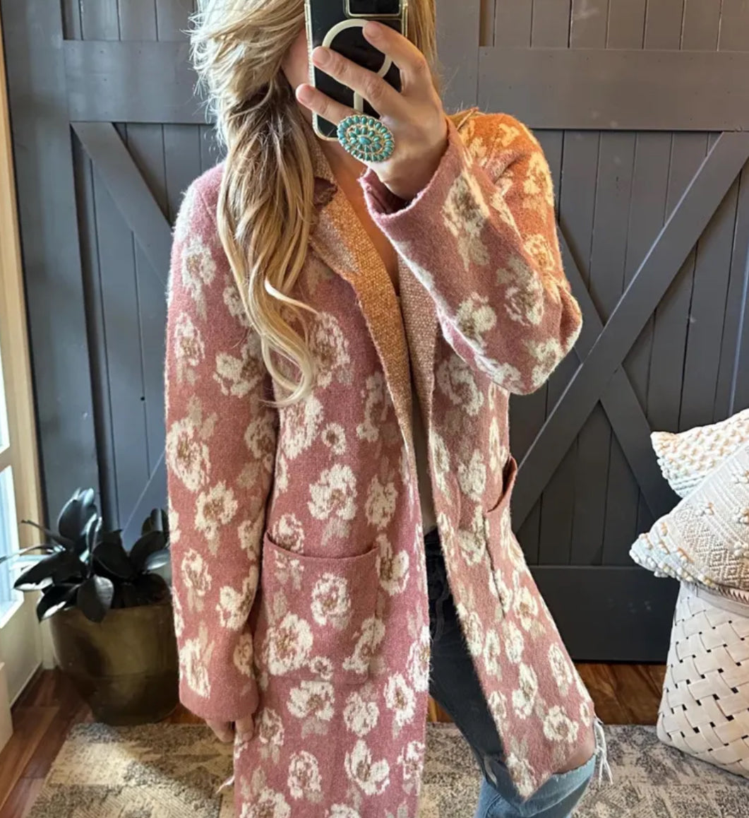 Floral Knit Long Pocketed Cardigan Sweater