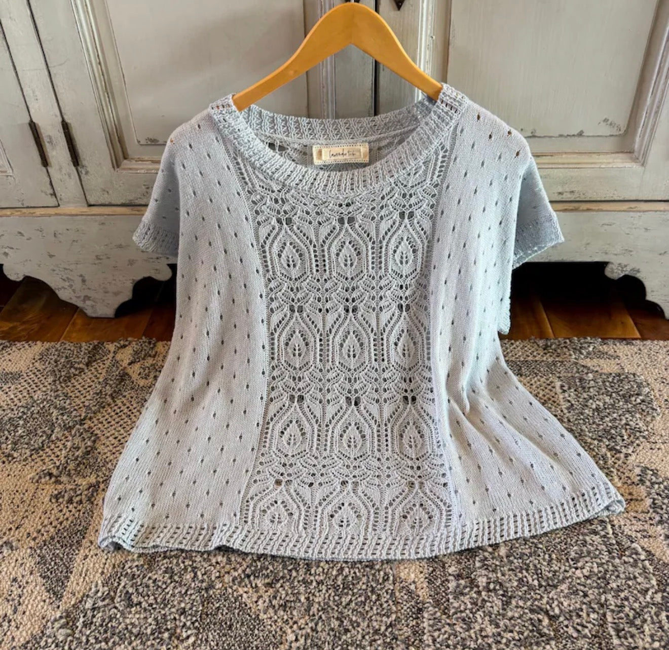 Crochet Cotton Knit Top: Lightweight Pullover Blue Sweater