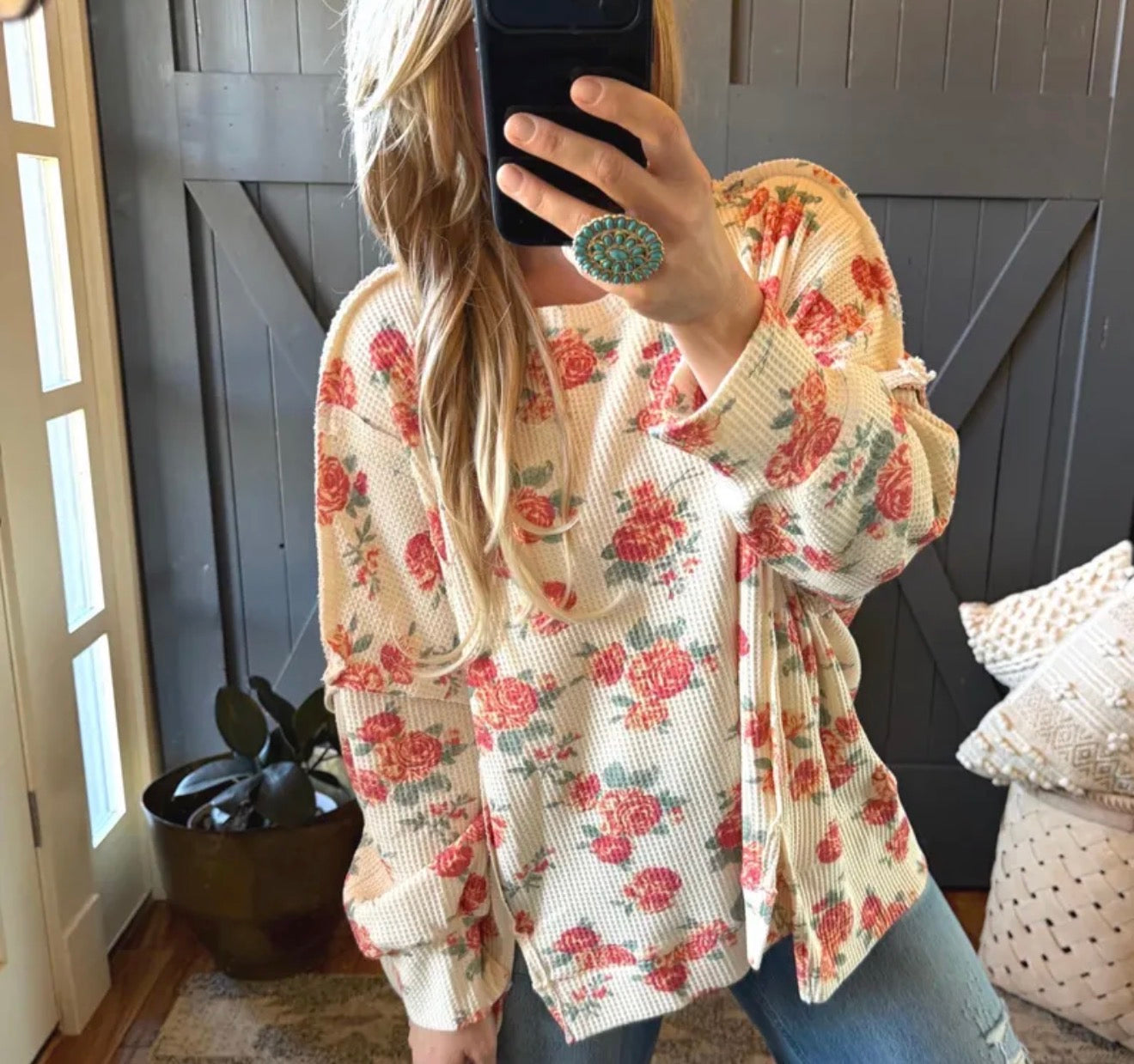 Oversized Floral Thermal Knit Top - Lavender Tribe