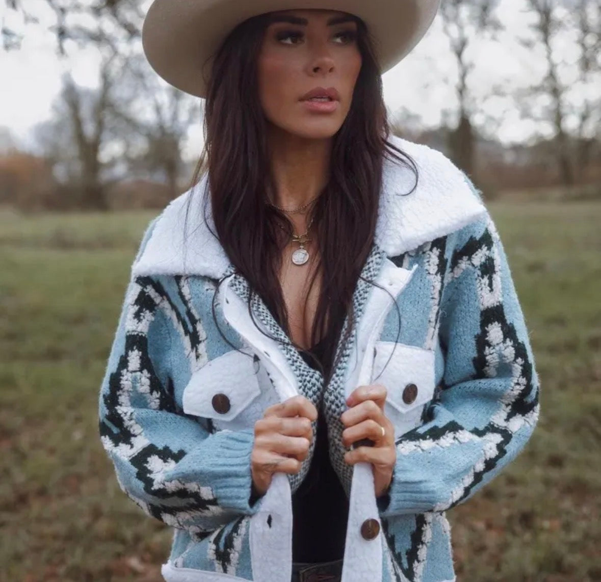 Montana Native Knit Sherpa Sweater Jacket in Blue - Lavender Tribe