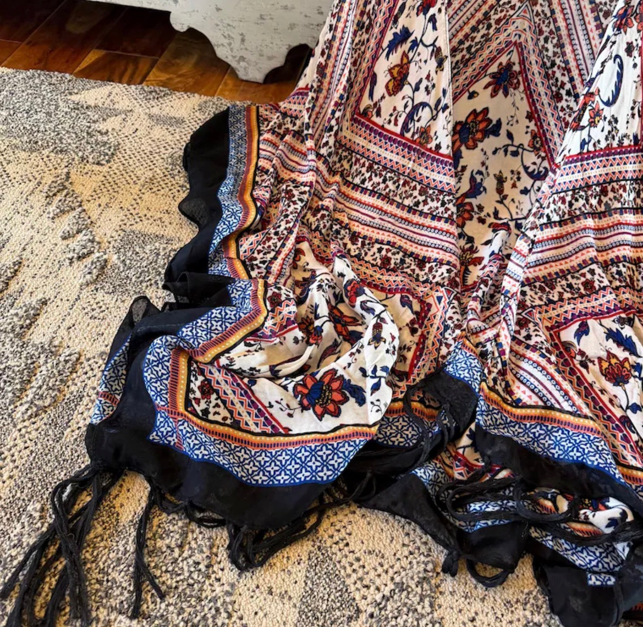 Lavender Tribe  Lightweight Cardigan Kimono Bohemian Top - Floral Print and Fringed Hem