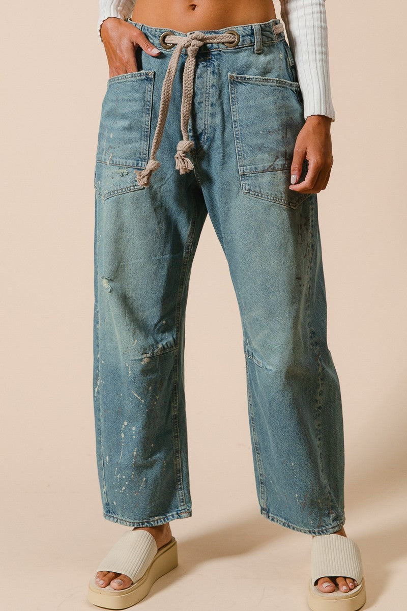 Distressed Paint Drip Wide Leg Barrel Jeans
