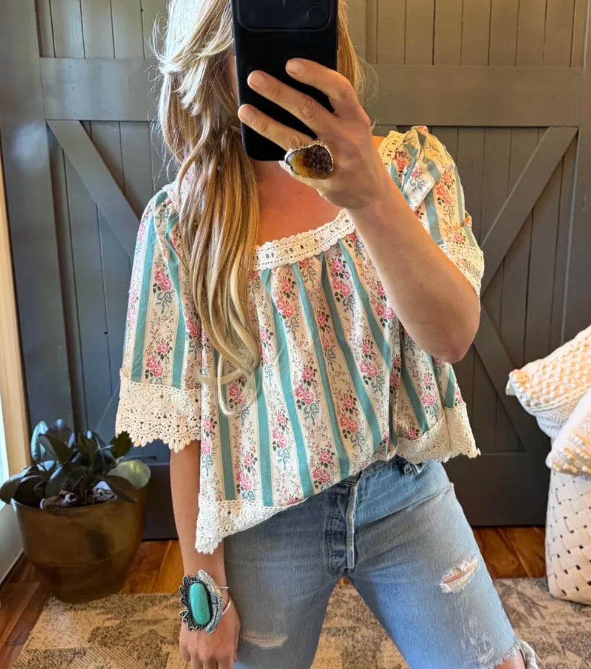 Model Wearing Floral Cotton Blouse by Lavender Tribe Design.