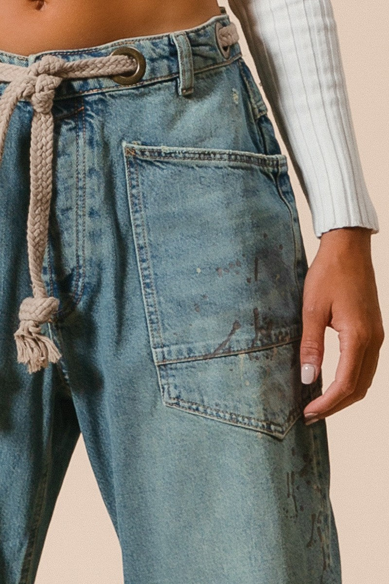 Distressed Paint Drip Wide Leg Barrel Jeans