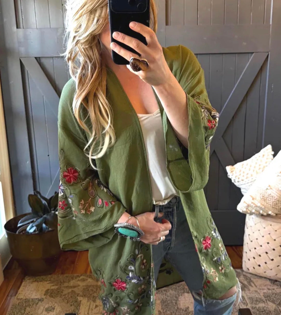 Twisp Embroidered Floral Green Cardigan Kimono - Lavender Tribe