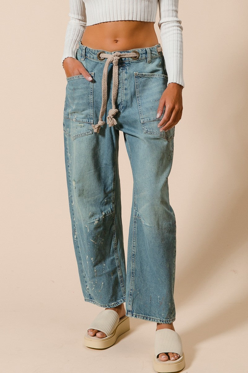 Distressed Paint Drip Wide Leg Barrel Jeans