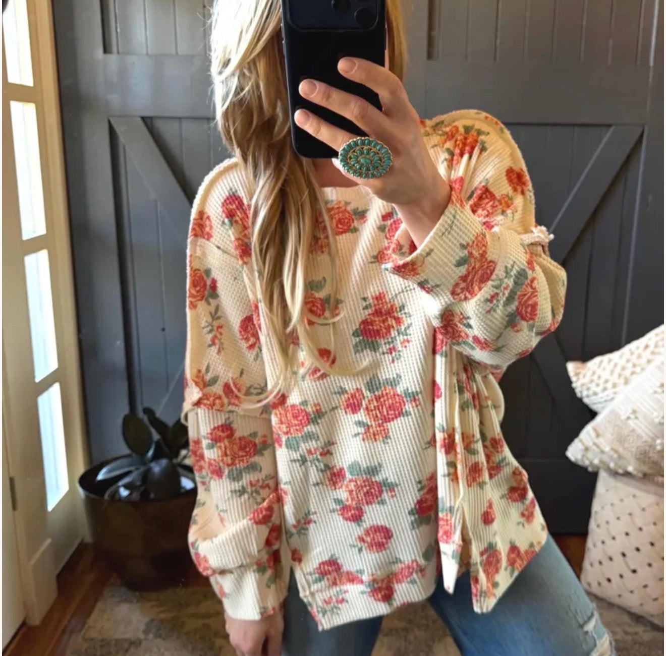 Oversized Floral Thermal Knit Top - Lavender Tribe