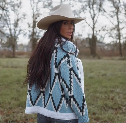 Montana Native Knit Sherpa Sweater Jacket in Blue - Lavender Tribe