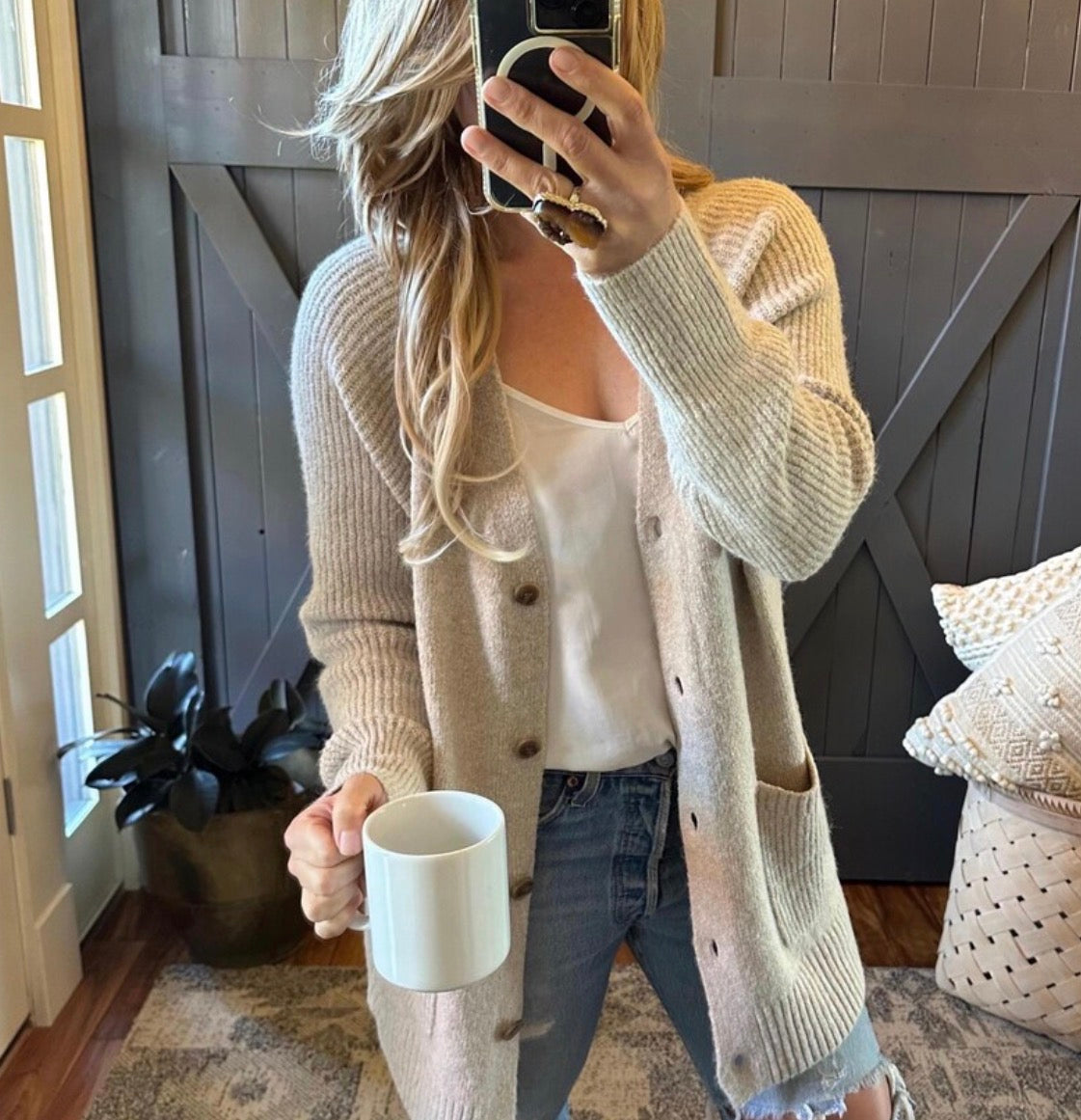 Classic Button Front Long Cardigan in Oatmeal - Lavender Tribe