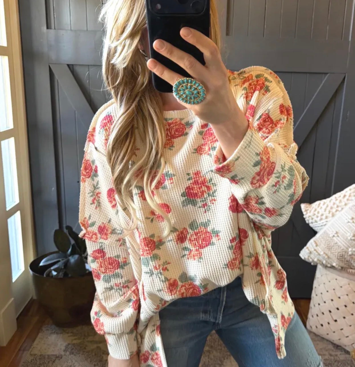Oversized Floral Thermal Knit Top - Lavender Tribe