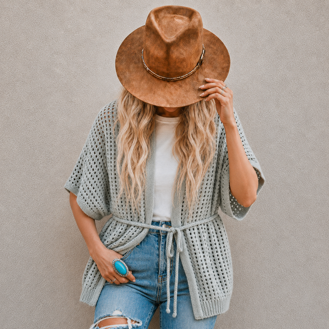 Blue Crochet Knit Cotton Belted Cardigan