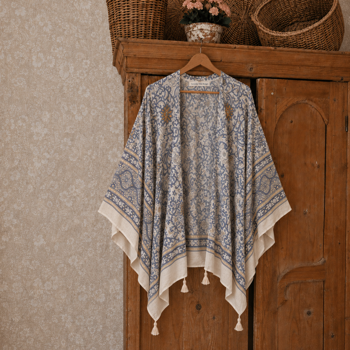 A lightweight patterned poncho or shawl with blue and beige motifs hangs on a wooden hanger from a rustic wooden cabinet, with woven baskets and flowers in the background.