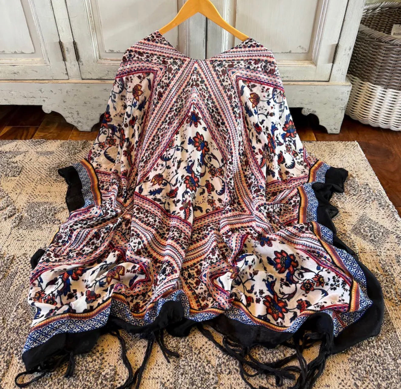Lavender Tribe  Lightweight Cardigan Kimono Bohemian Top - Floral Print and Fringed Hem