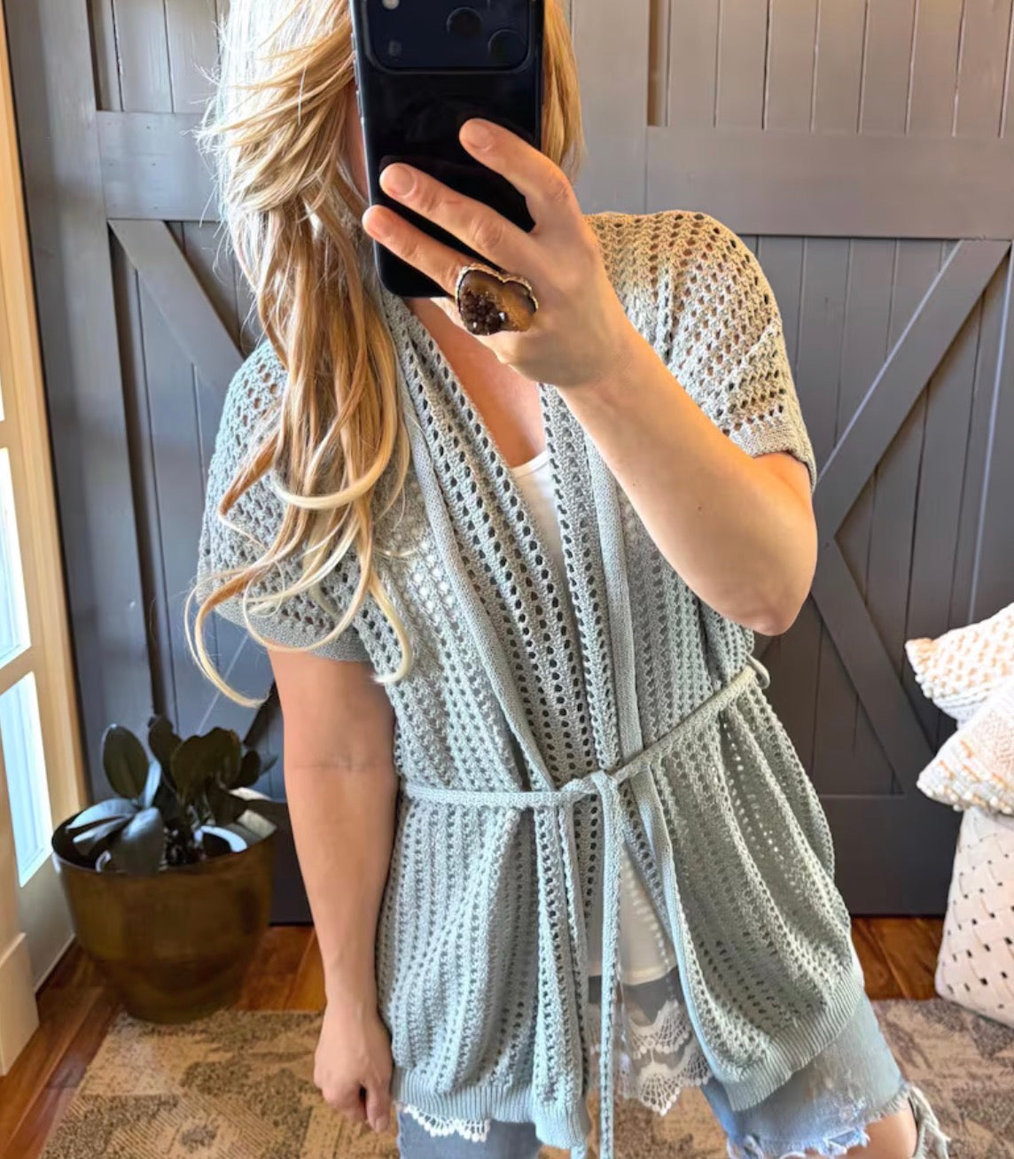 Blue Crochet Knit Cotton Belted Cardigan - Lavender Tribe