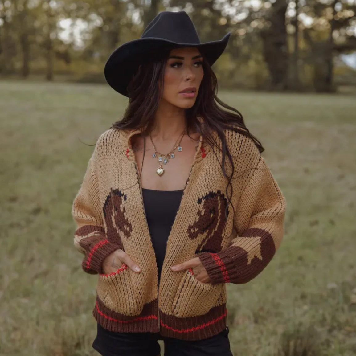 Woman wearing a patterned cardigan with horse designs in a field