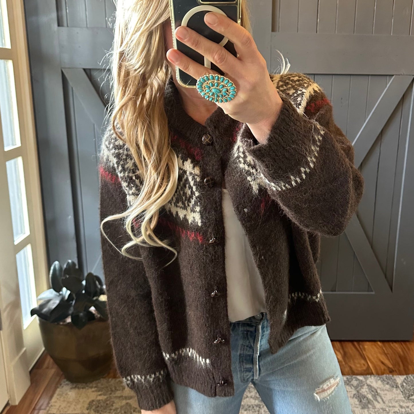 Brown Fair Isle Wool  Cardigan Sweater 