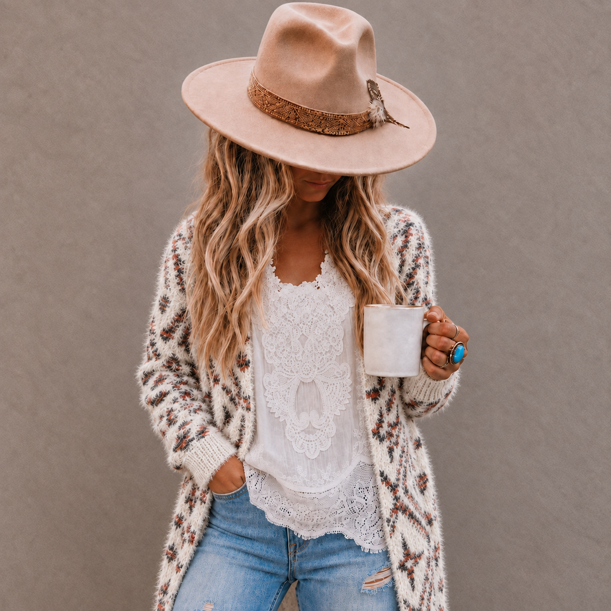 A woman wearing a beige wide-brim fedora hat, a cream knit cardigan with brown geometric patterns, a white lace top, and blue jeans, holding a white mug against a solid gray background.